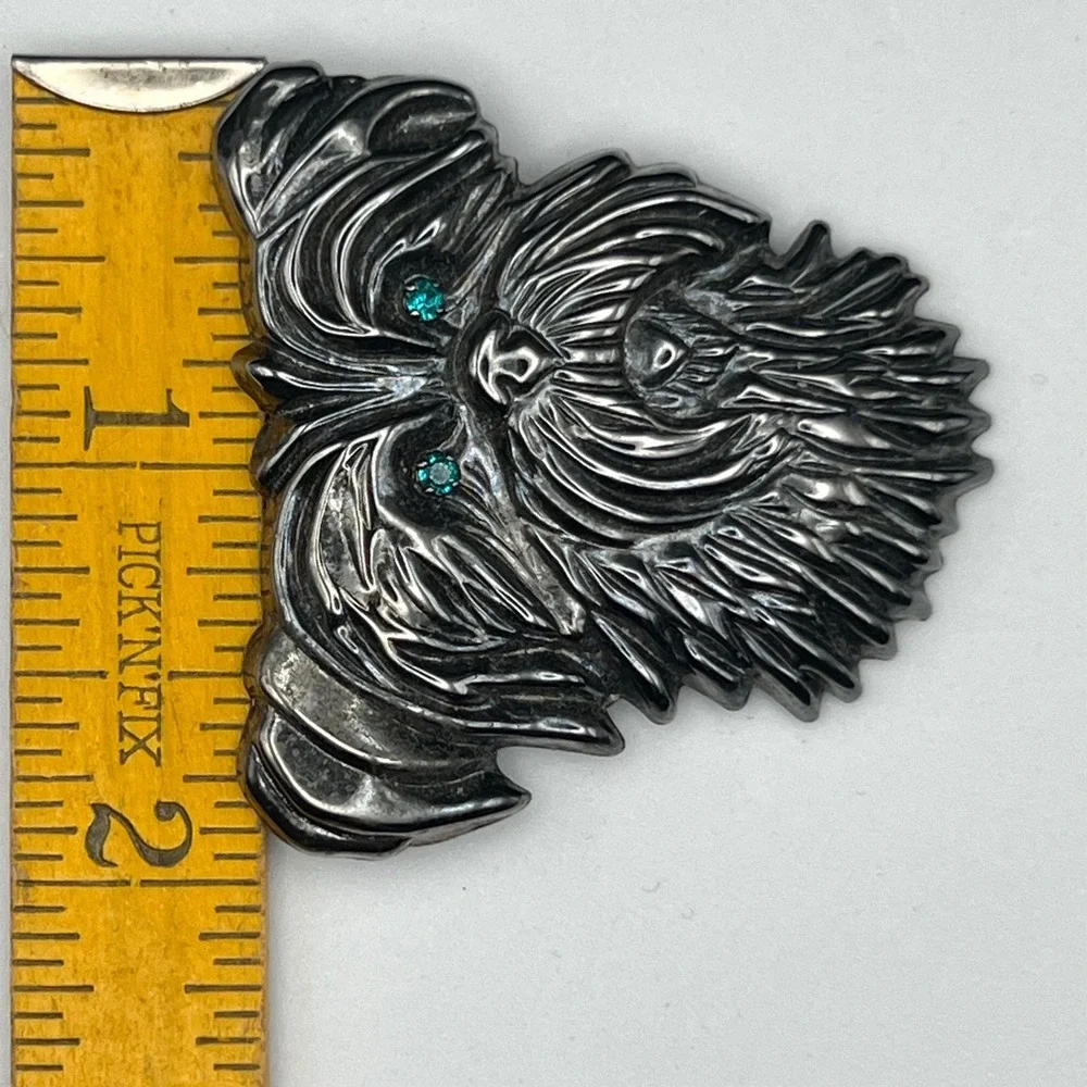 Vintage Dog Head Brooch Pin ‎ Silver Pewter Tone Terrier Yorkie with Green Eyes